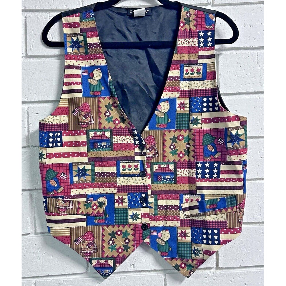 Patchwork Quilted Style Teddy Bear Holly Hobbie Patriotic‎ Country Chic Vest L